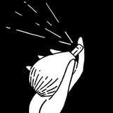 A black and white digital illustration of a hand spraying a perfume bottle, with mist dispersing into the air.