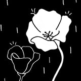 A black and white digital illustration of two flowers with a bold, graphic style